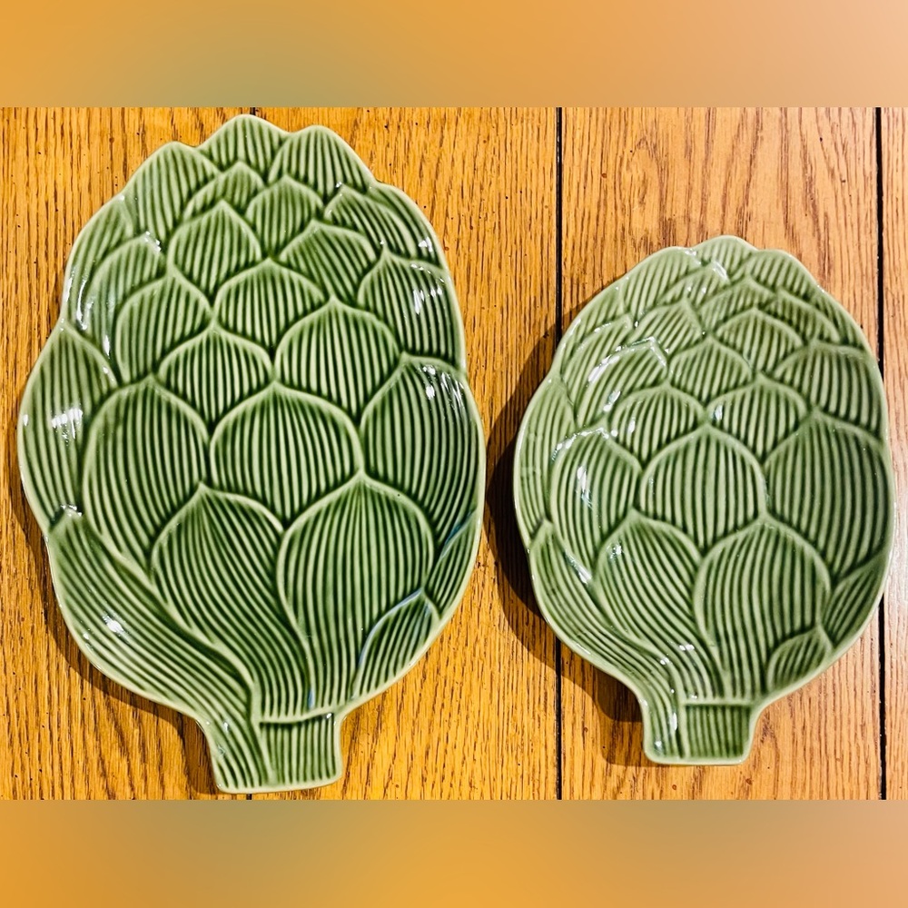 Ashland ceramic artichoke plates, green, set of 2, 10 X 7, and 7.5 X 5.5 inches